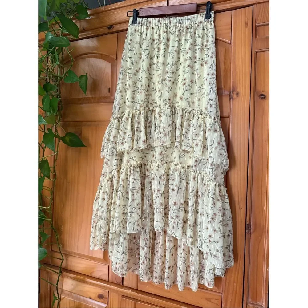 H&M Floral Tiered Midi Skirt Cream Boho Cottagecore Womens S